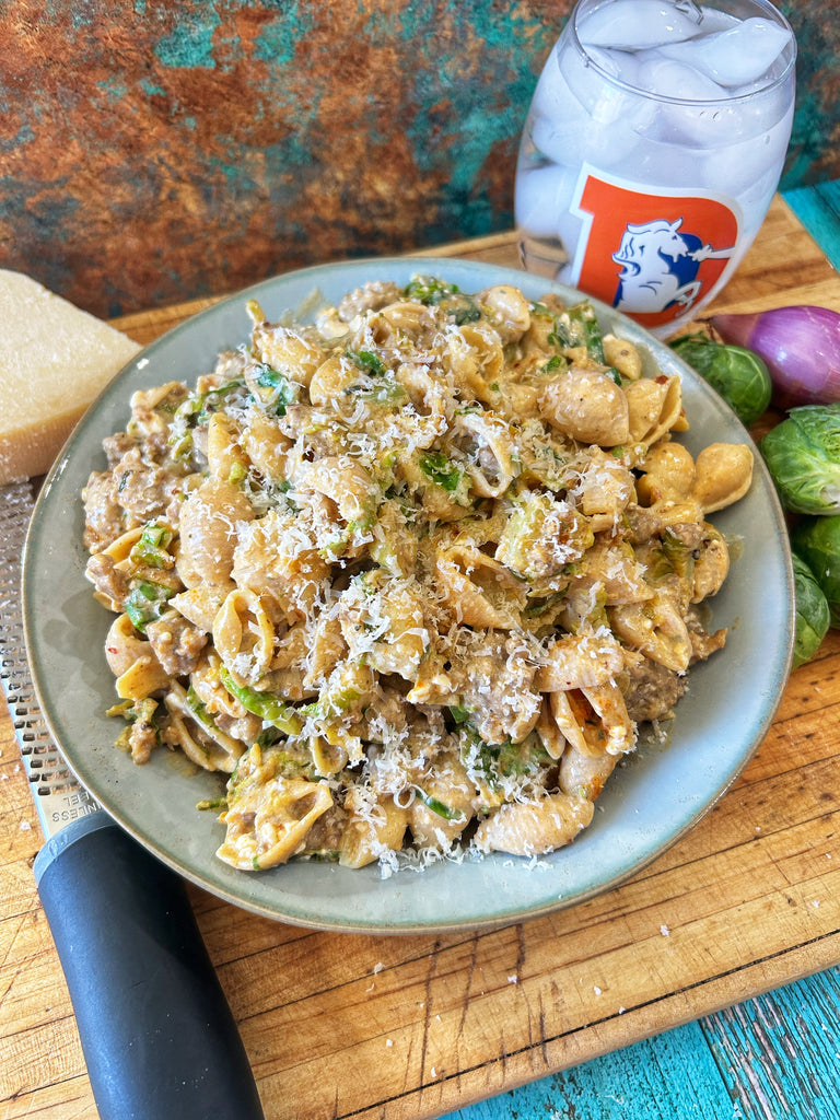🍝 Creamy Boursin Sausage & Sprout Pasta